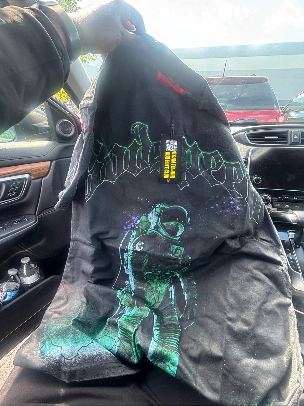 God Speed Black Graphic Tee with Neon Green Astronaut Print